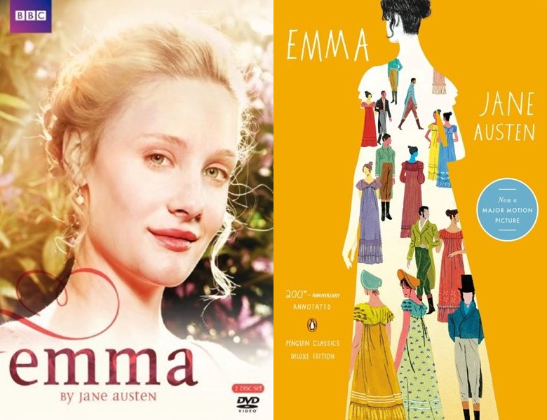 Emma. Poster of the 2009 TV series and cover of the 1815 book
