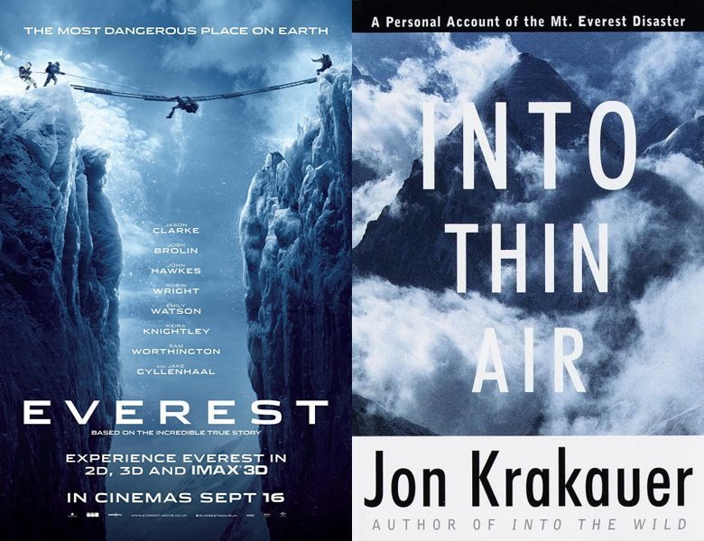 Everest. Poster of the 2015 movie and cover of the 1997 book, Into Thin Air