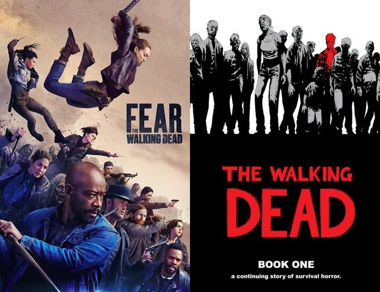 Fear the Walking Dead. Poster of the 2015 TV series and cover of the 2004 comic book, The Walking Dead