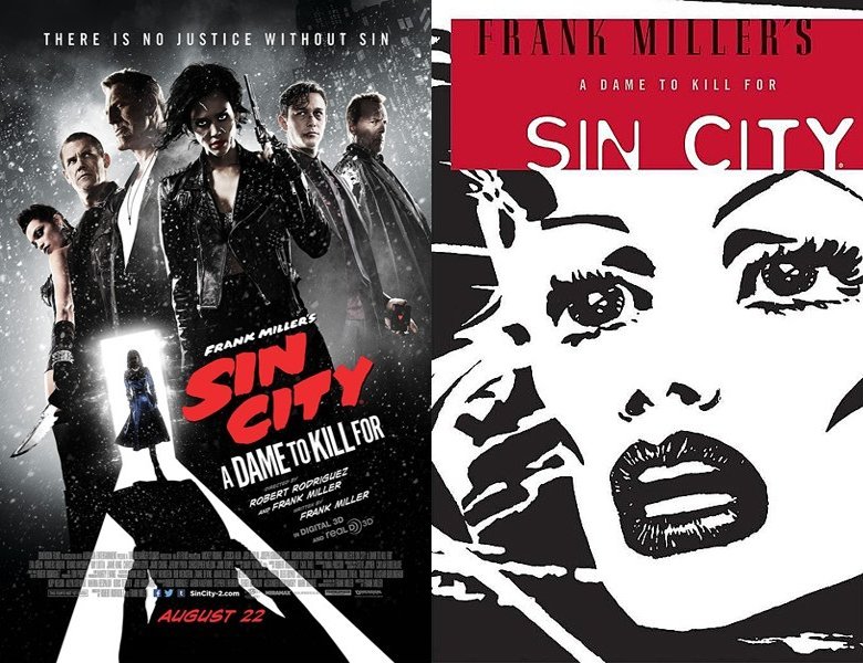 Frank Miller's Sin City: A Dame to Kill For. Poster of the 2014 movie and cover of the 1993 comic book, Sin City: A Dame to Kill for