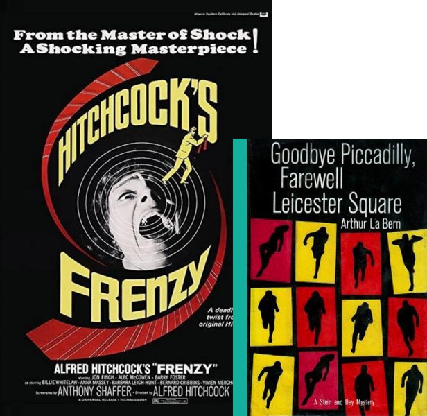 Frenzy (1972) Movie poster and book cover compared.