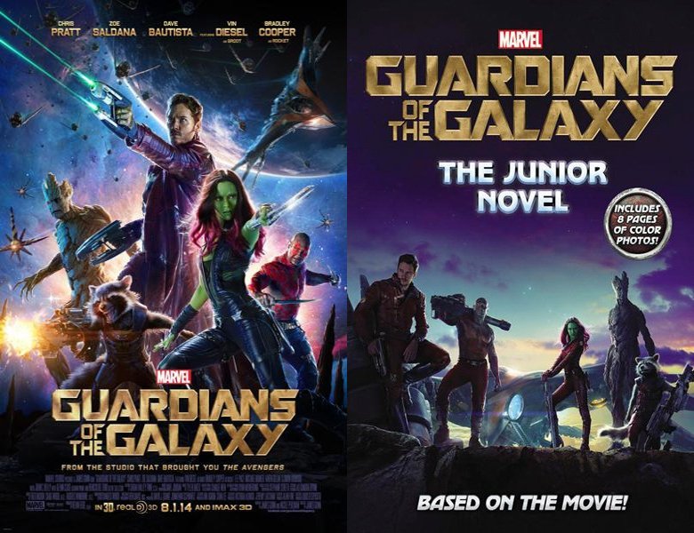 Guardians of the Galaxy. Poster of the 2014 movie and cover of the book novelization