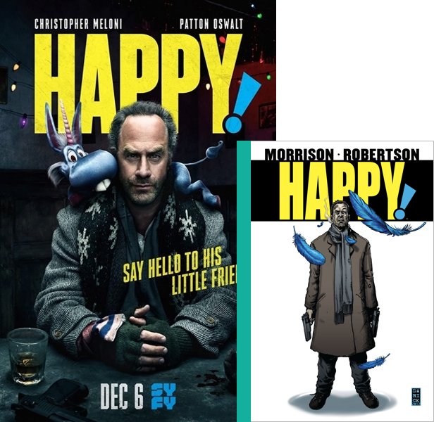Happy! (2017-2019) TV Series poster and comic book cover compared.