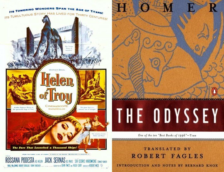 Helen of Troy. Poster of the 1956 movie and cover of the -700 book, The Odyssey