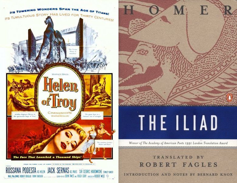 Helen of Troy. Poster of the 1956 movie and cover of the -750 book, The Iliad