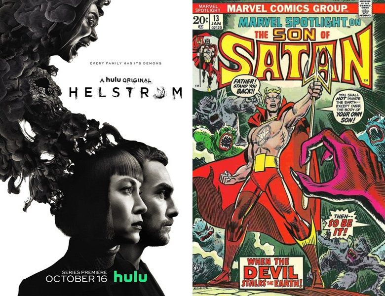 Helstrom. Poster of the 2020 TV series and cover of the 1973 comic book, Daimon Hellstrom