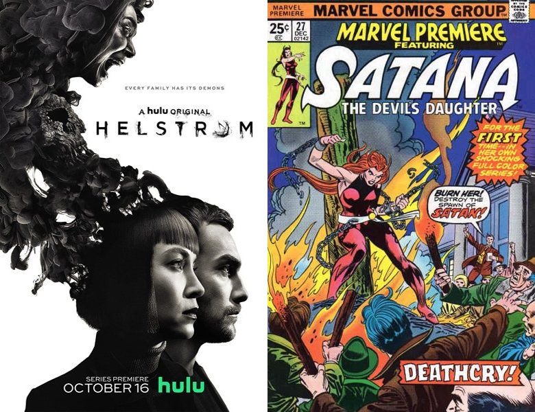Helstrom. Poster of the 2020 TV series and cover of the 1973 comic book, Satana