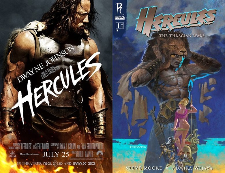 Hercules. Poster of the 2014 movie and cover of the 2008 comic book, Hercules: The Thracian Wars