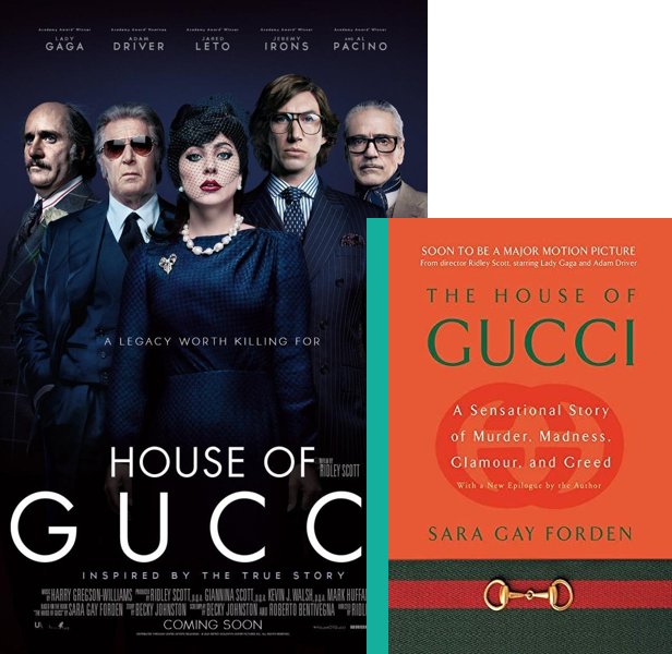 House of Gucci (2021) Movie poster and book cover compared.
