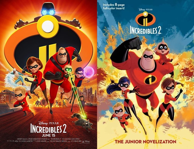 Incredibles 2. Poster of the 2018 movie and cover of the book novelization