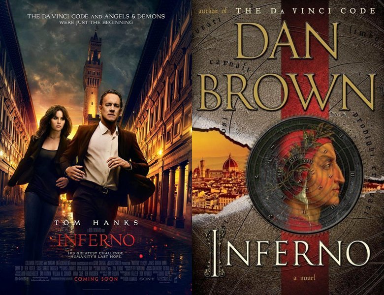 Inferno. Poster of the 2016 movie and cover of the 2013 book