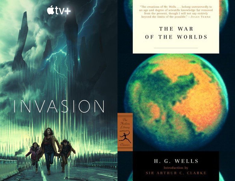 Invasion. Poster of the 2021 TV series and cover of the 1898 book, The War of the Worlds