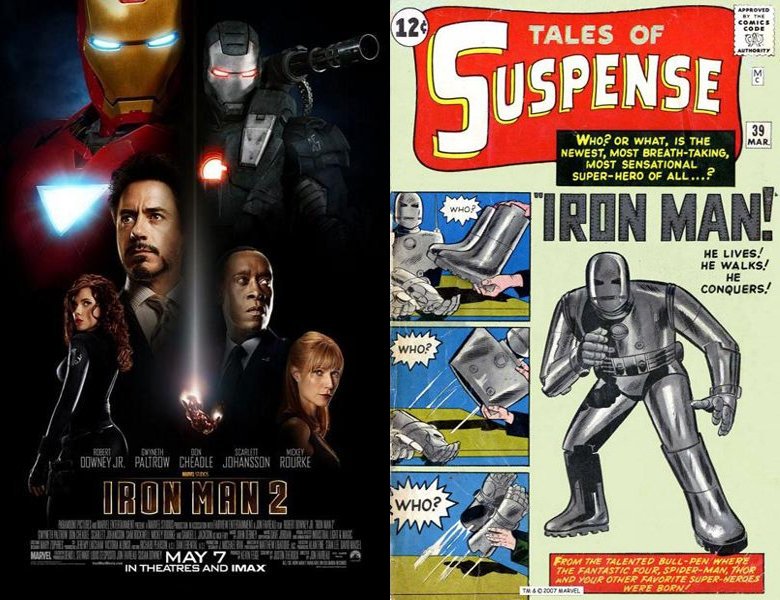 Iron Man 2. Poster of the 2010 movie and cover of the 1964 comic book, Iron Man