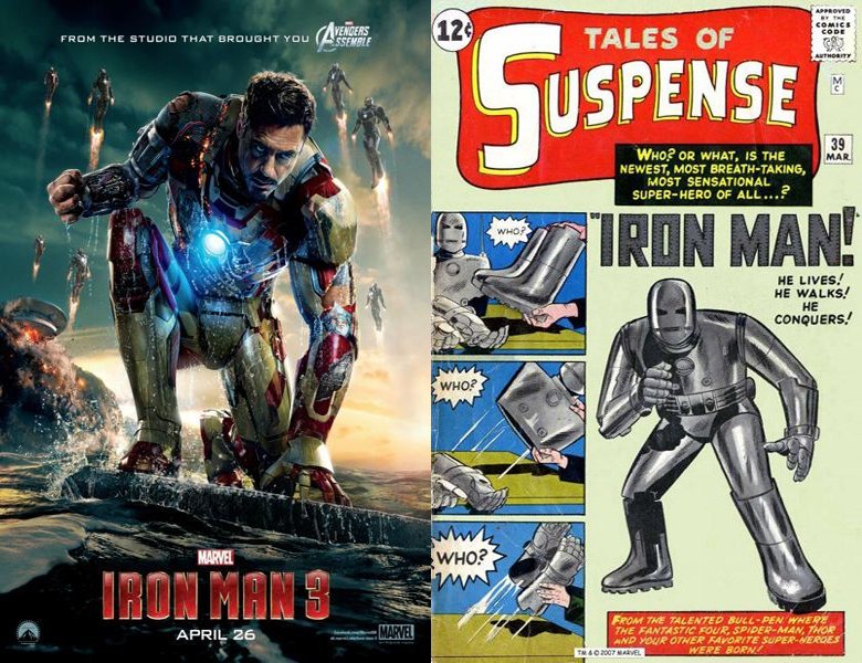 Iron Man 3. Poster of the 2013 movie and cover of the 1964 comic book, Iron Man