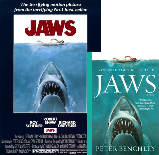 Jaws (1975) Movie poster and book cover compared.