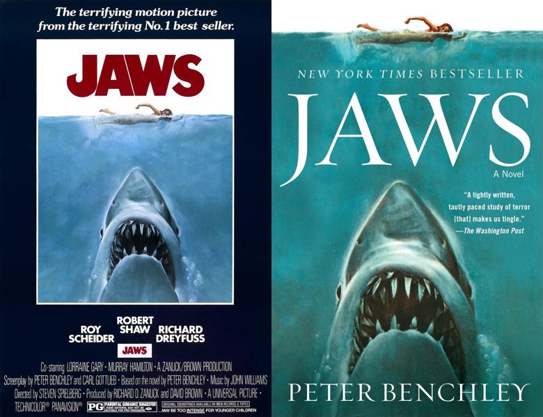 Jaws. Poster of the 1975 movie and cover of the 1974 book