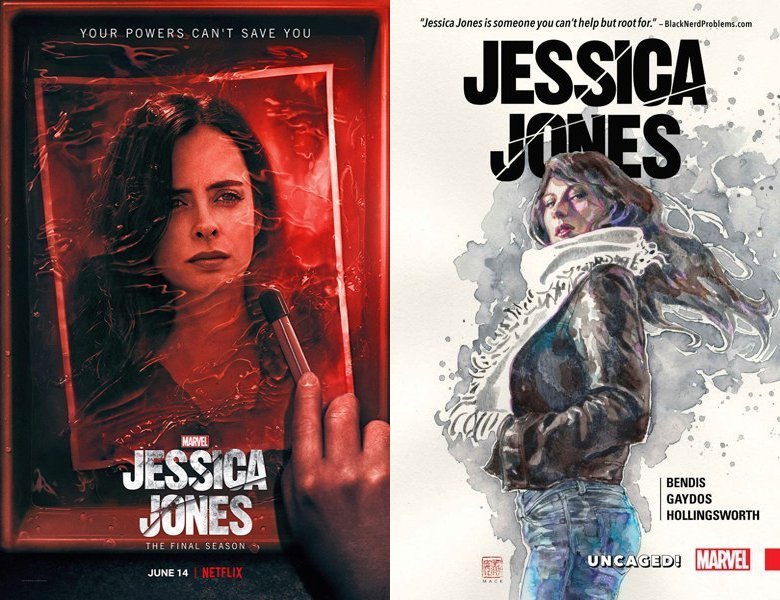 Jessica Jones. Poster of the 2015 TV series and cover of the 2001 comic book
