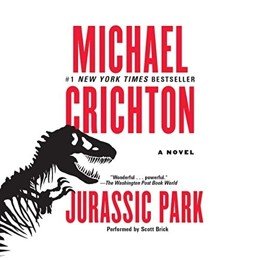 Audiobook cover of Jurassic Park, the 1990 book by Michael Crichton.