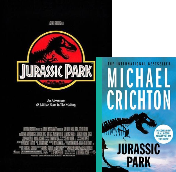 Jurassic Park (1993) Movie poster and book cover compared.