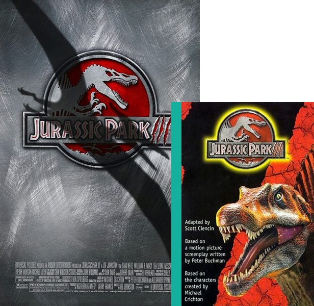 Jurassic Park III (2001) Movie poster and book cover compared.