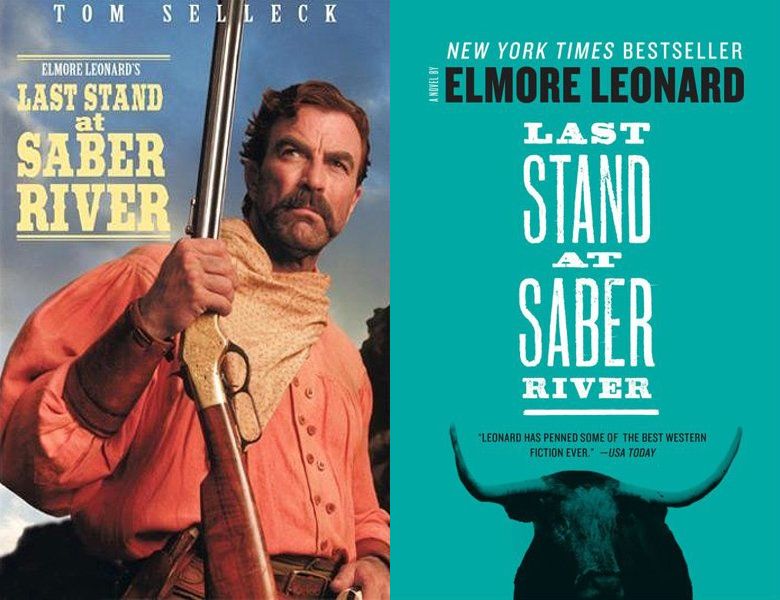 Last Stand at Saber River. Poster of the 1997 movie and cover of the 1959 book