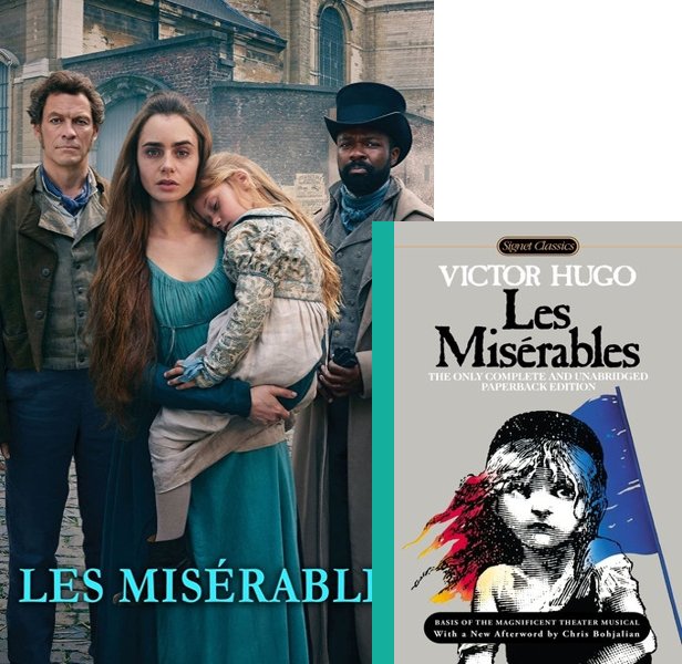 Les Misérables (2018-2019) TV Mini-Series poster and book cover compared.