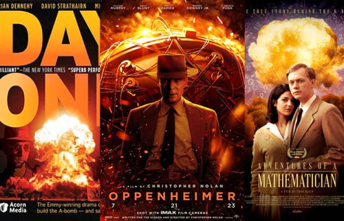 The race to build the atomic bomb in movies and books. Posters composition.