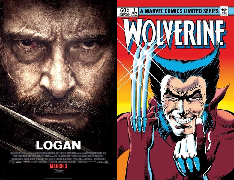 Logan. Poster of the 2017 movie and cover of the 1982 comic book, Wolverine
