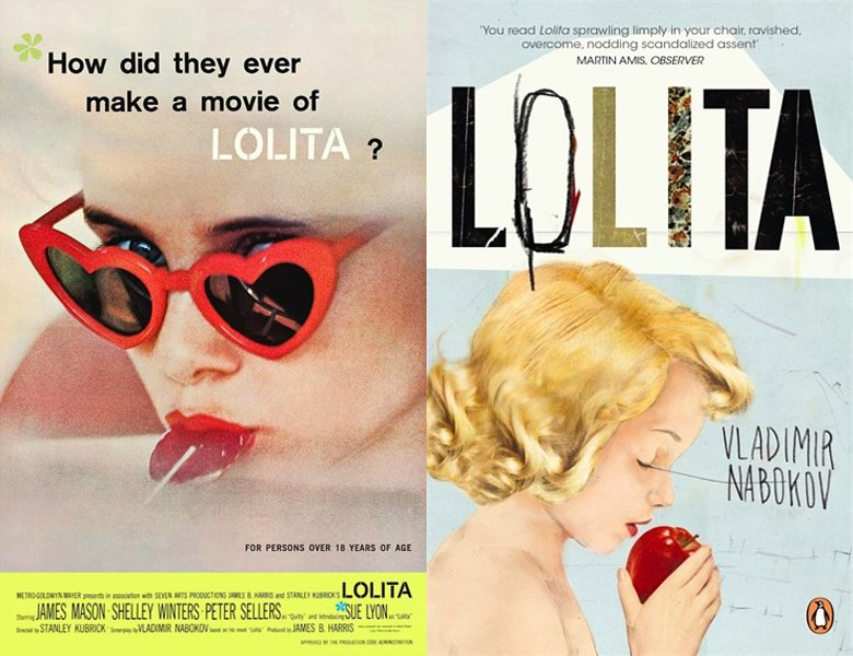 Lolita. Poster of the 1962 movie and cover of the 1955 book