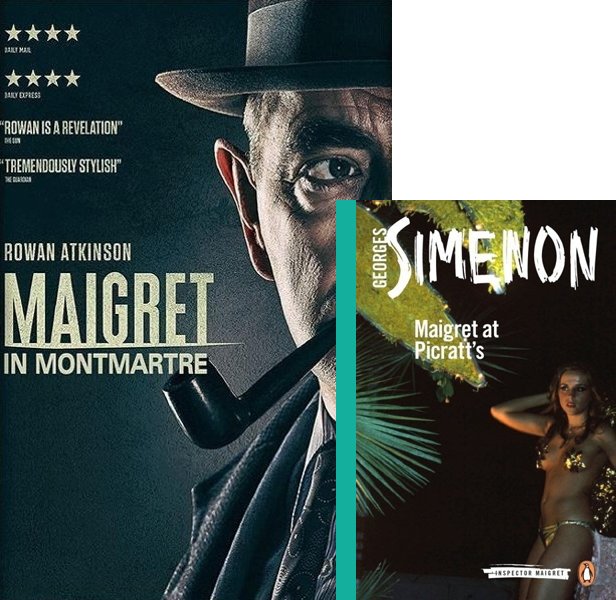 Maigret in Montmartre (2017) Movie poster and book cover compared.