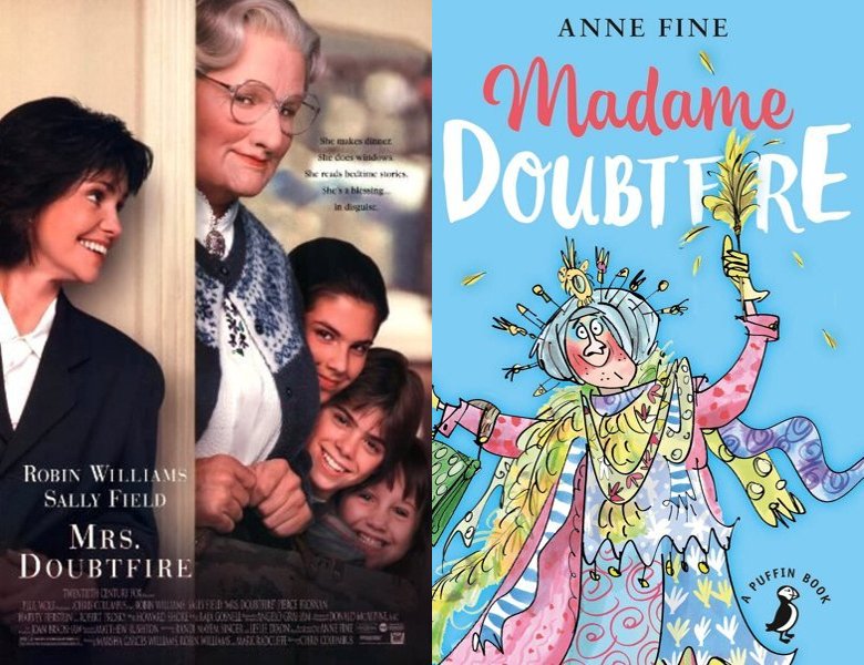 Mrs. Doubtfire. Poster of the 1993 movie and cover of the 1987 book, Madame Doubtfire