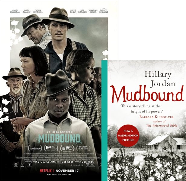 Mudbound (2017) Movie poster and book cover compared.