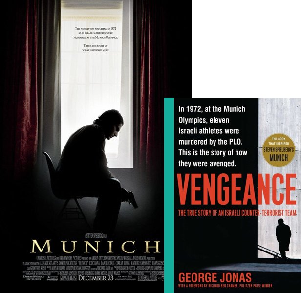 Munich (2005) Movie poster and book cover compared.