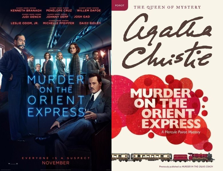 Murder on the Orient Express. Poster of the 2017 movie and cover of the 1934 book