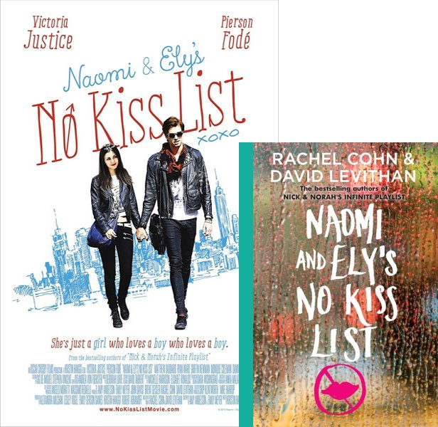 Naomi and Ely's No Kiss List (2015) Movie poster and book cover compared.