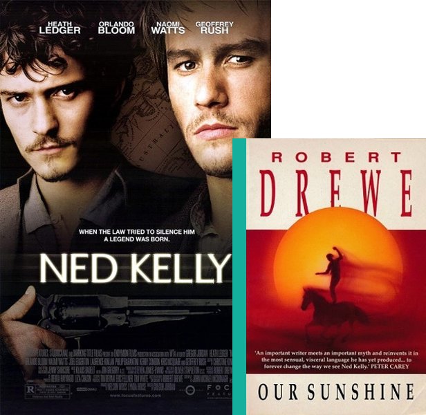 Ned Kelly (2003) Movie poster and book cover compared.