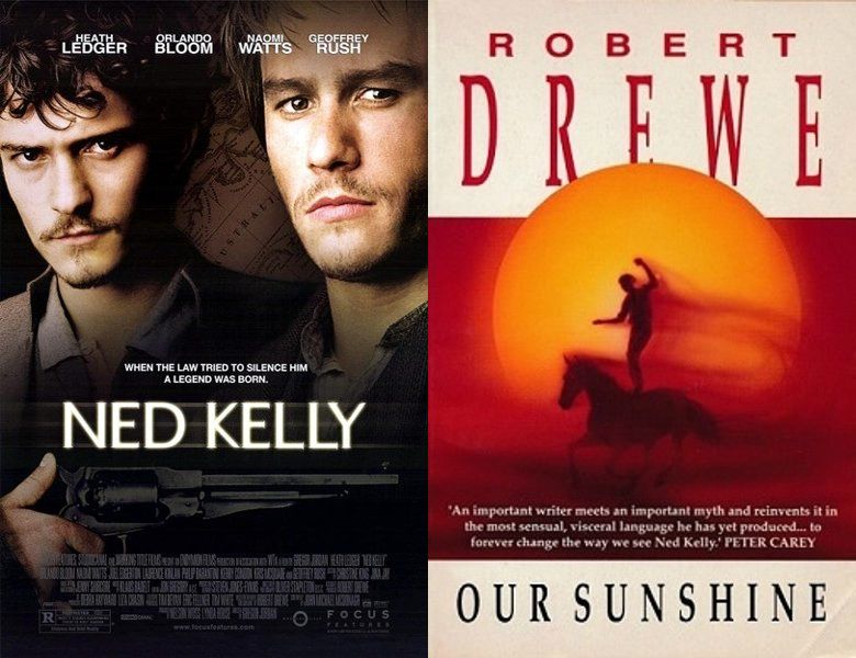 Ned Kelly. Poster of the 2003 movie and cover of the 1991 book, Our Sunshine