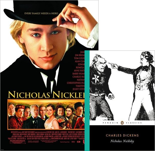 Nicholas Nickleby (2002) Movie poster and book cover compared.