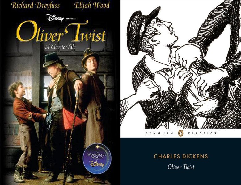 Oliver Twist. Poster of the 1997 movie and cover of the 1838 book