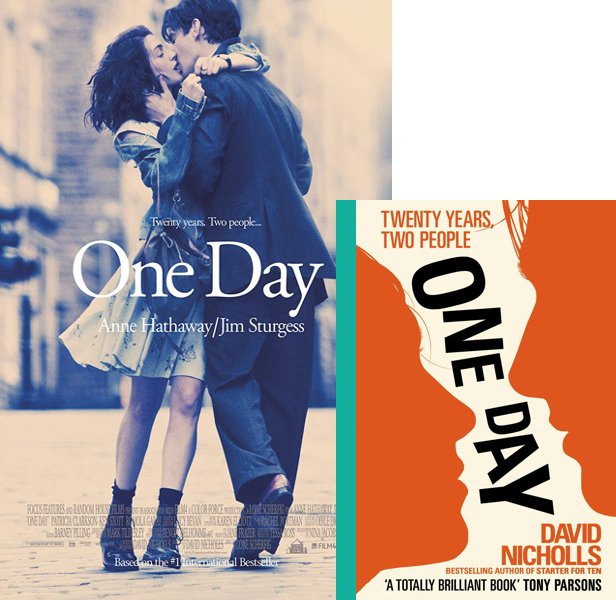 One Day (2011) Movie poster and book cover compared.
