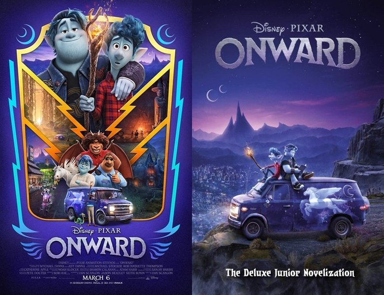 Onward. Poster of the 2020 movie and cover of the book novelization