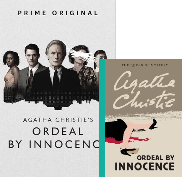 Ordeal by Innocence (2018) TV Mini-Series poster and book cover compared.