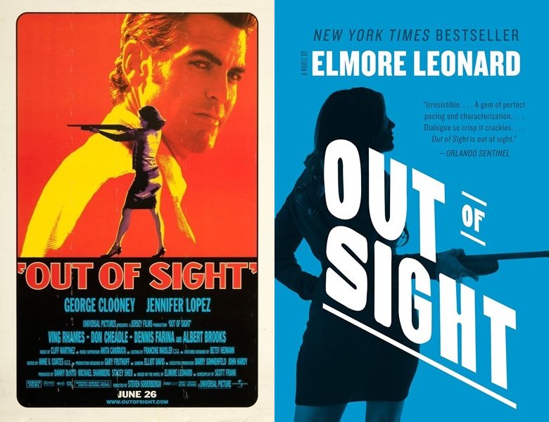 Out of Sight. Poster of the 1998 movie and cover of the 1996 book