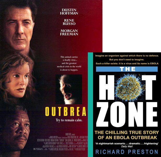 Outbreak (1995) Movie poster and book cover compared.