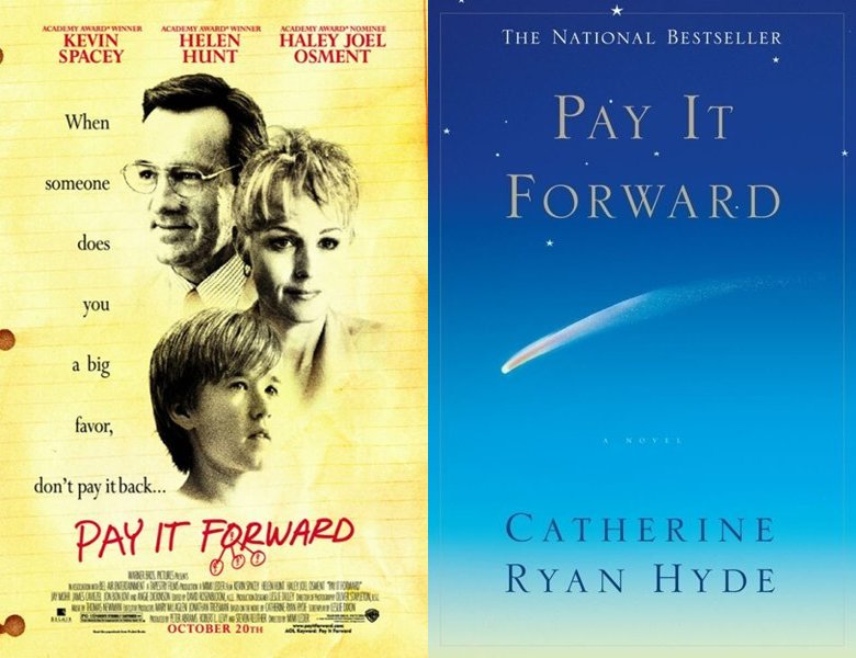 Pay It Forward. Poster of the 2000 movie and cover of the 1999 book