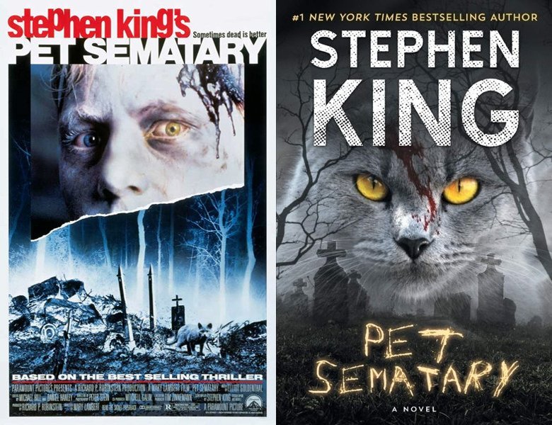 Pet Sematary. Poster of the 1989 movie and cover of the 1983 book