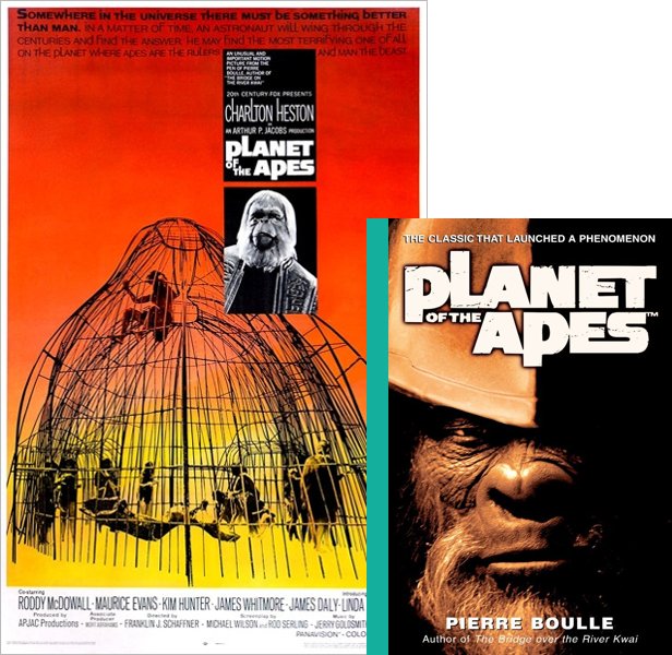 Planet of the Apes (1968) Movie poster and book cover compared.