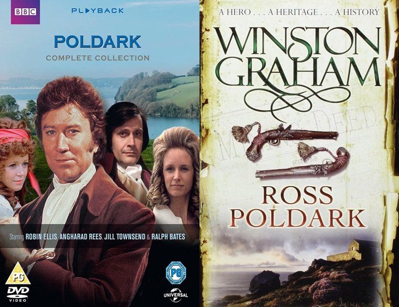 Poldark. Poster of the 1975 TV series and cover of the 1945 book, Ross Poldark