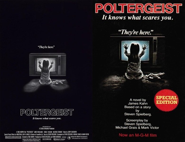 Poltergeist. Poster of the 1982 movie and cover of the book novelization