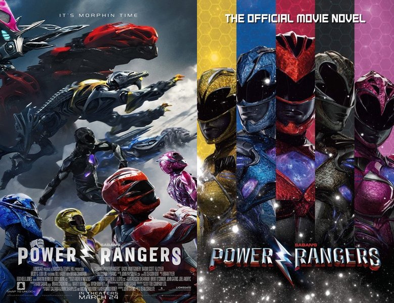 Power Rangers. Poster of the 2017 movie and cover of the book novelization